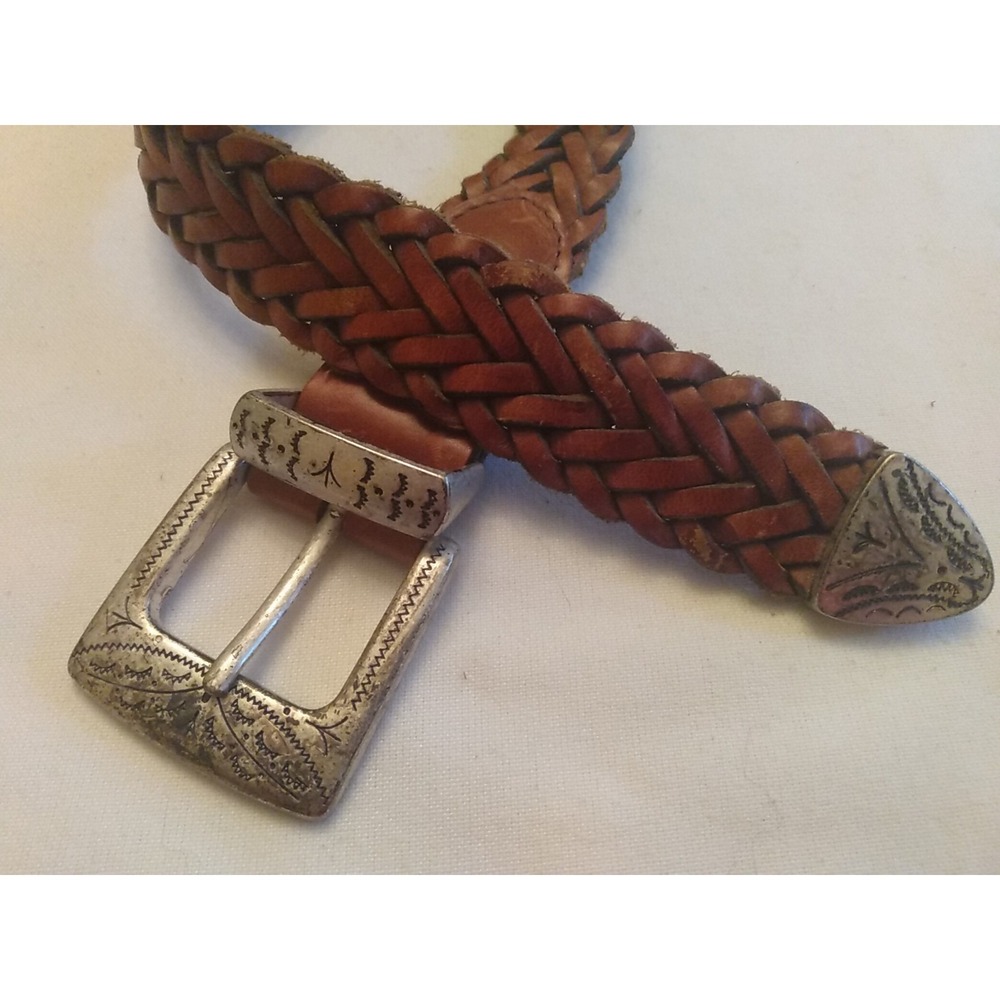 Ann Taylor Brown Leather Braided Belt, Decorative Metal Accents Size L Vintage - Picture 2 of 5